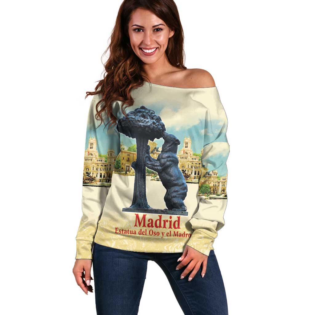 Spain El Oso y el Madrono Off Shoulder Sweater Madrid City Watercolor - Wonder Print Shop