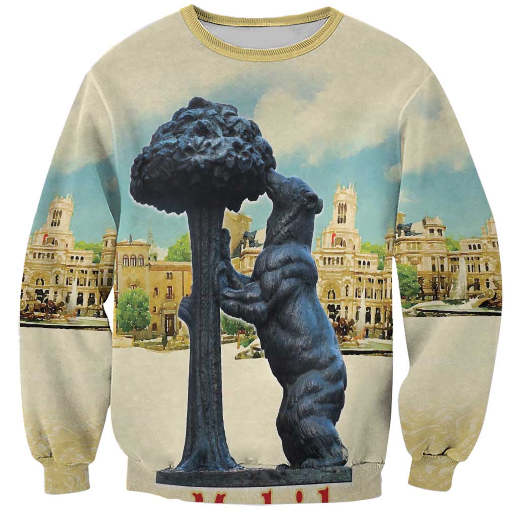 Light cream sweatshirt with dark cherub statue and watercolor city graphic on front
