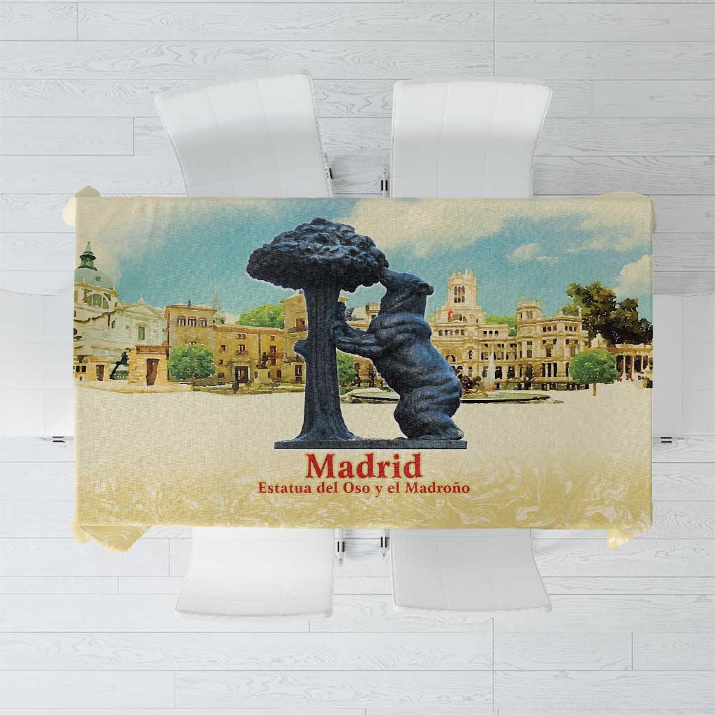 Rectangular tablecloth with watercolor Madrid skyline and statue scene, pale yellow base