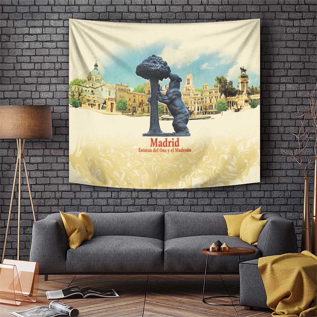 Blue-and-yellow wall tapestry with Madrid title, cityscape, and cherub statue foreground.