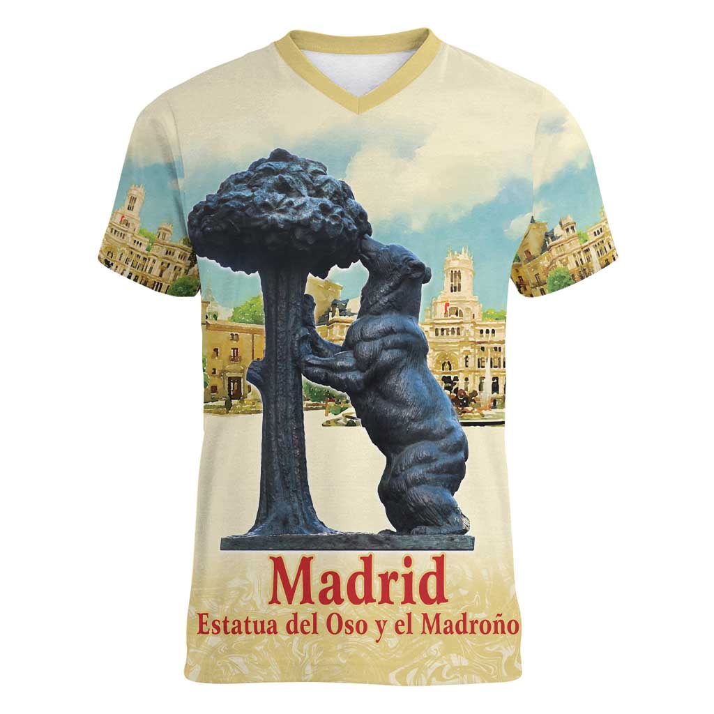 Spain El Oso y el Madrono Women V-Neck T-Shirt Madrid City Watercolor - Wonder Print Shop