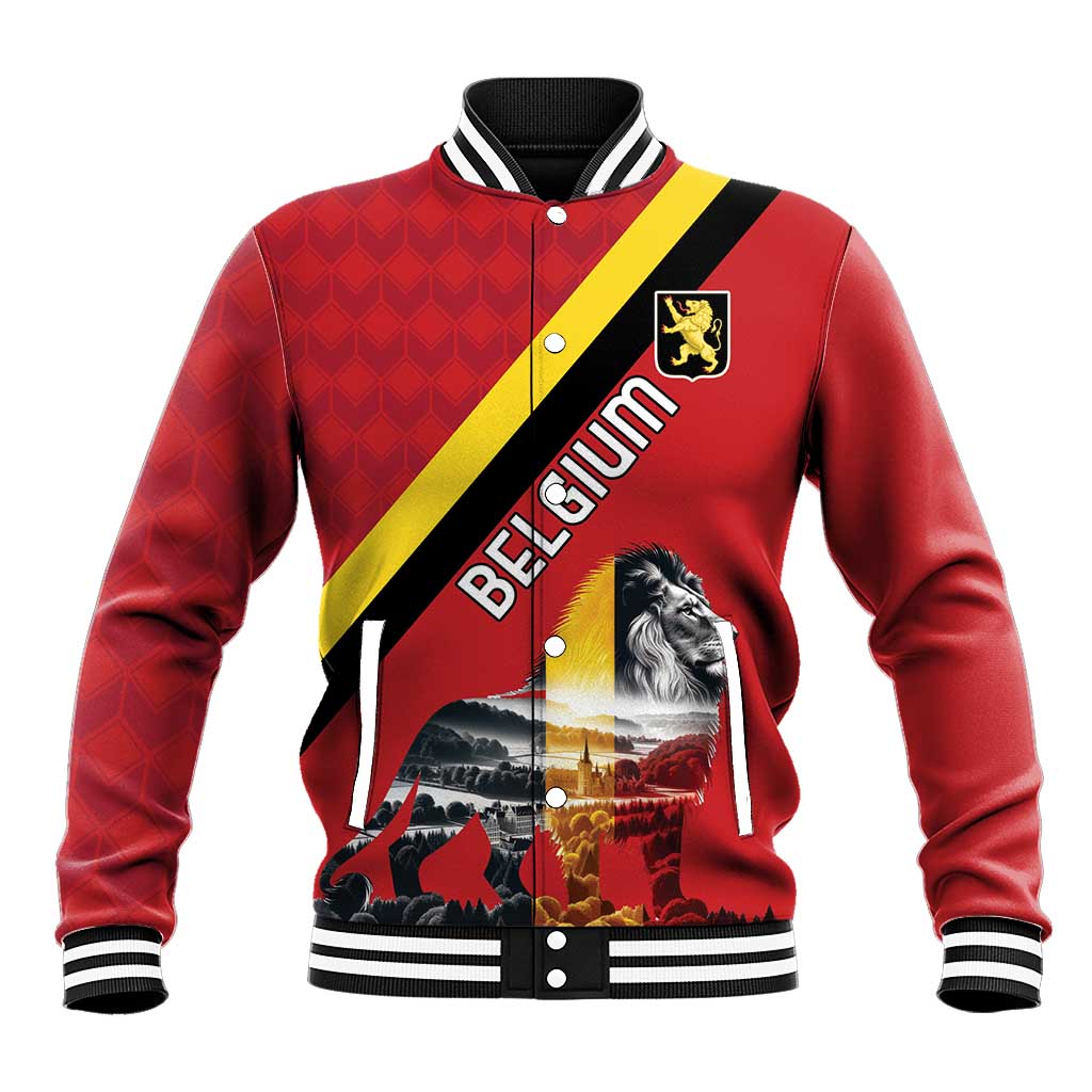 Red personalized baseball jacket with lion crest, varsity stripes, button front and graphic