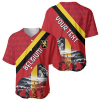 Pair of red Belgium baseball jerseys, front with crest lion and back with diagonal stripe text