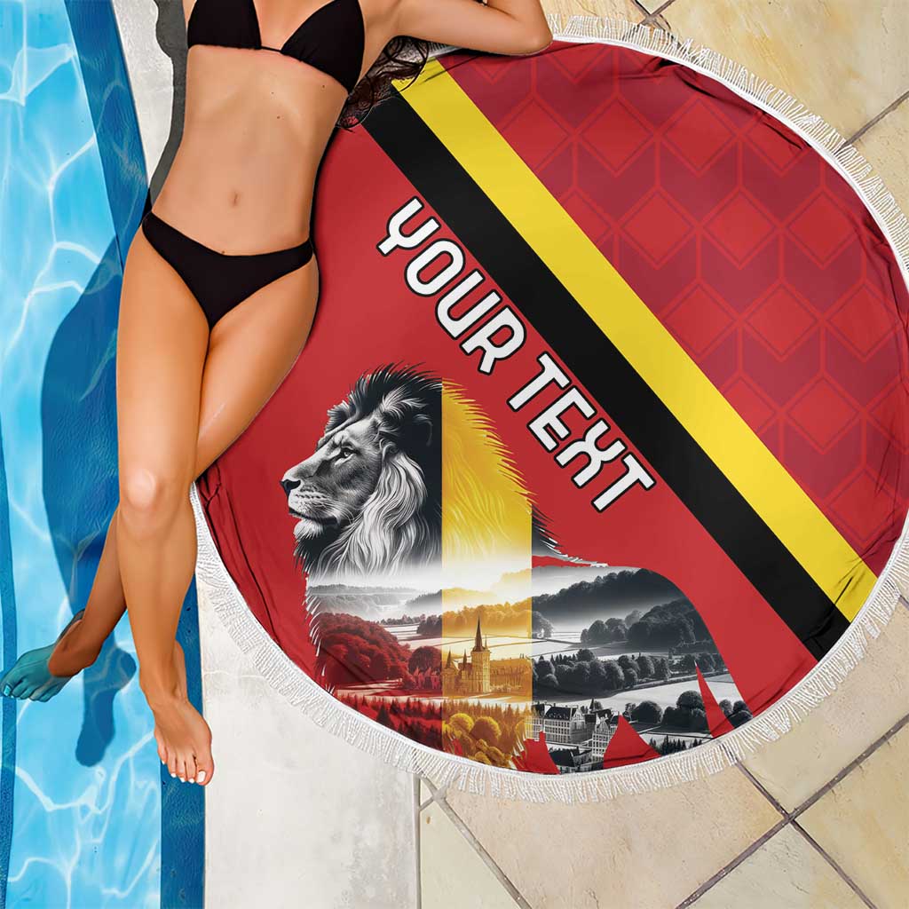 Round red beach blanket with Belgium flag stripes and lion graphic, fringed edge