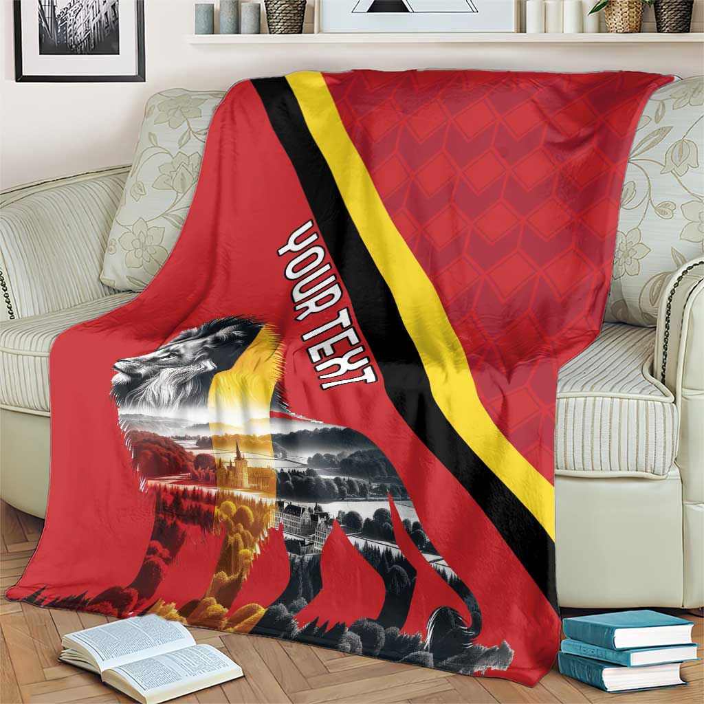 Personalized Belgium blanket, red with lion print and black/yellow diagonal stripe design