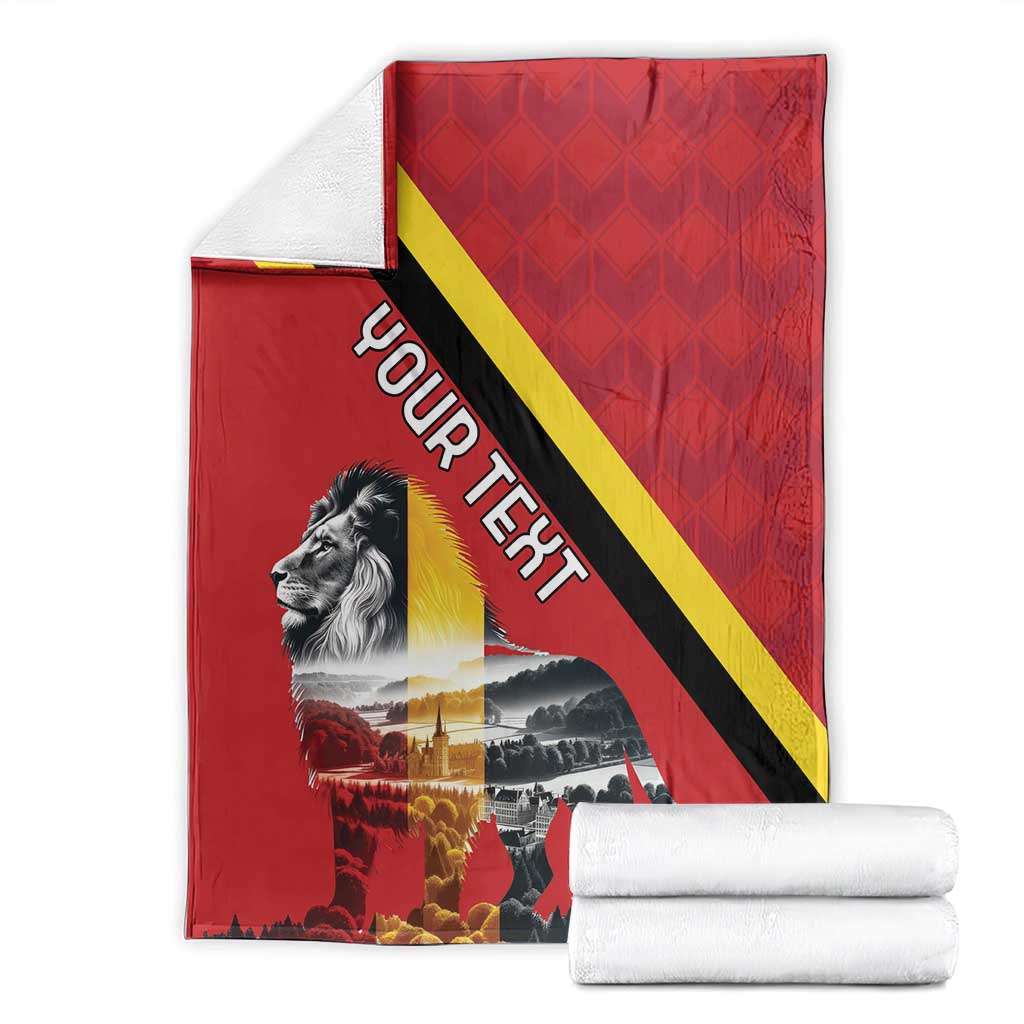 Personalized Belgium blanket, red with lion print and black/yellow diagonal stripes