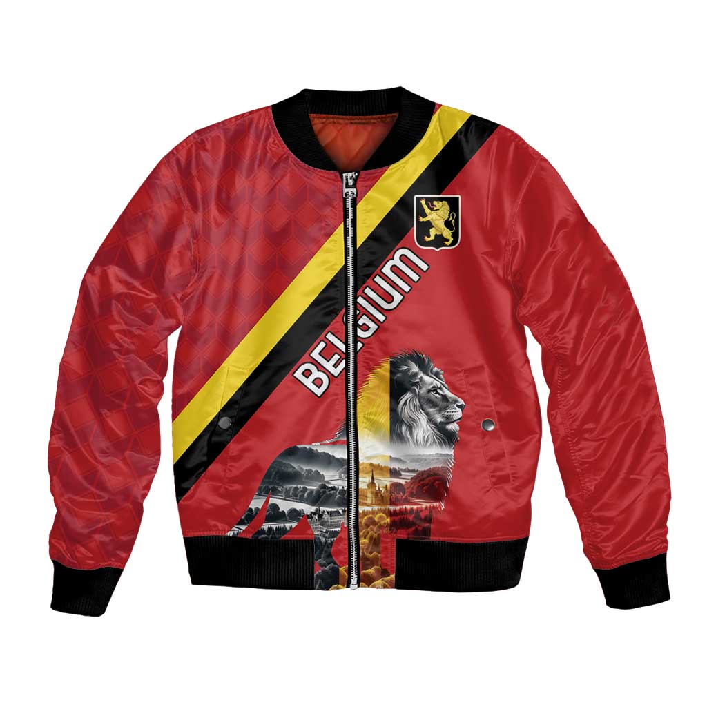 Red unisex bomber jacket with Belgium colors diagonal stripe and lion crest front