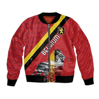 Red unisex bomber jacket with Belgium colors diagonal stripe and lion crest front