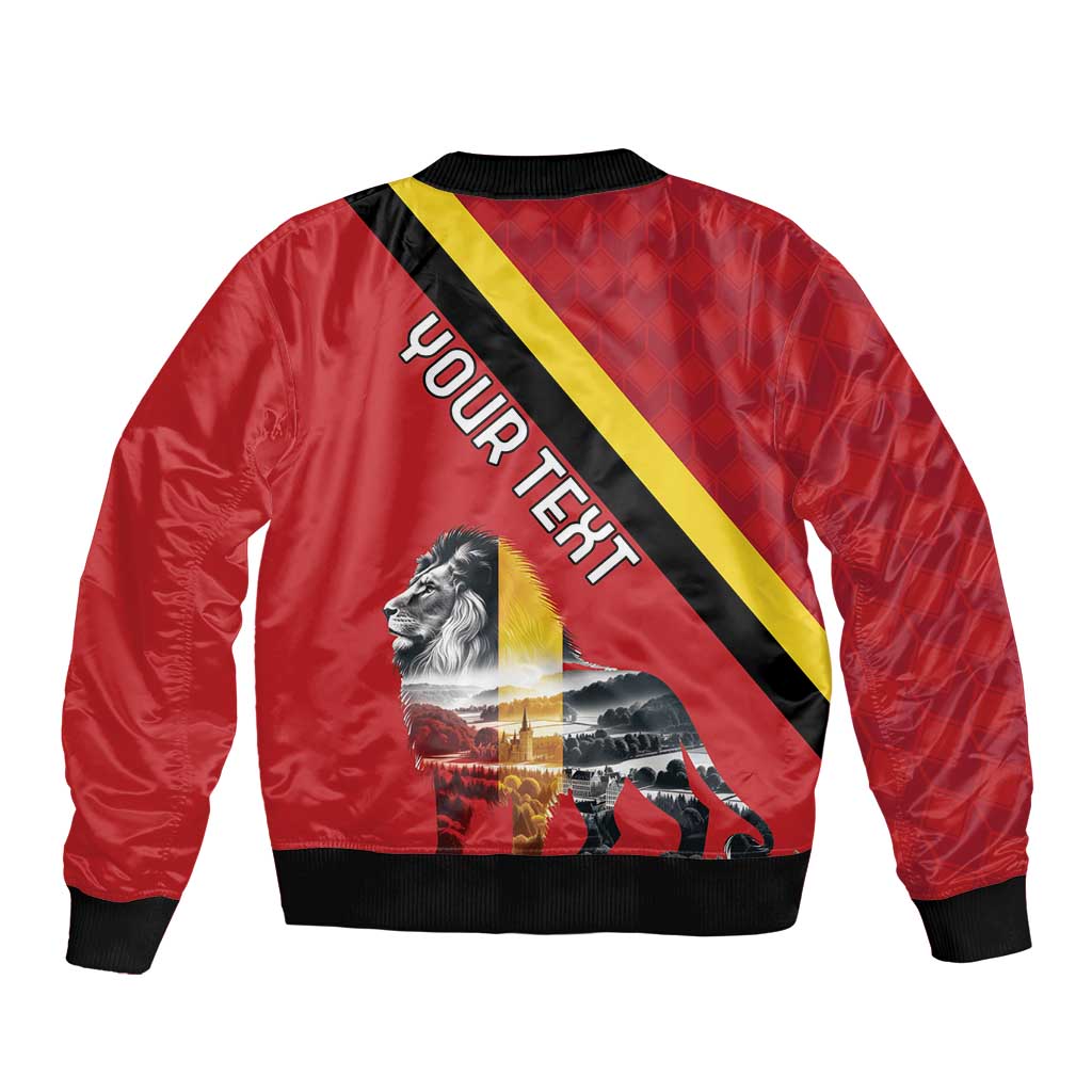 Red unisex bomber jacket with Belgium diagonal stripe and landscape lion graphic on back