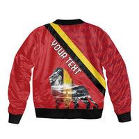 Red unisex bomber jacket with Belgium diagonal stripe and landscape lion graphic on back