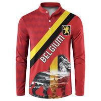 Red long-sleeve button sweatshirt with Belgium lion crest and Belgium flag diagonal print