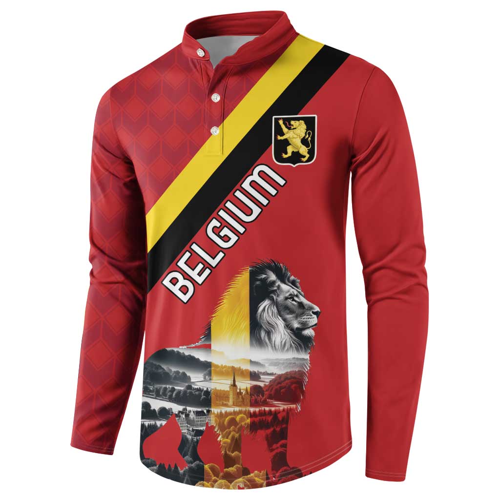 Red long-sleeve button sweatshirt with BELGIUM text and lion crest on flag diagonal