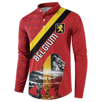 Red long-sleeve button sweatshirt with BELGIUM text and lion crest on flag diagonal