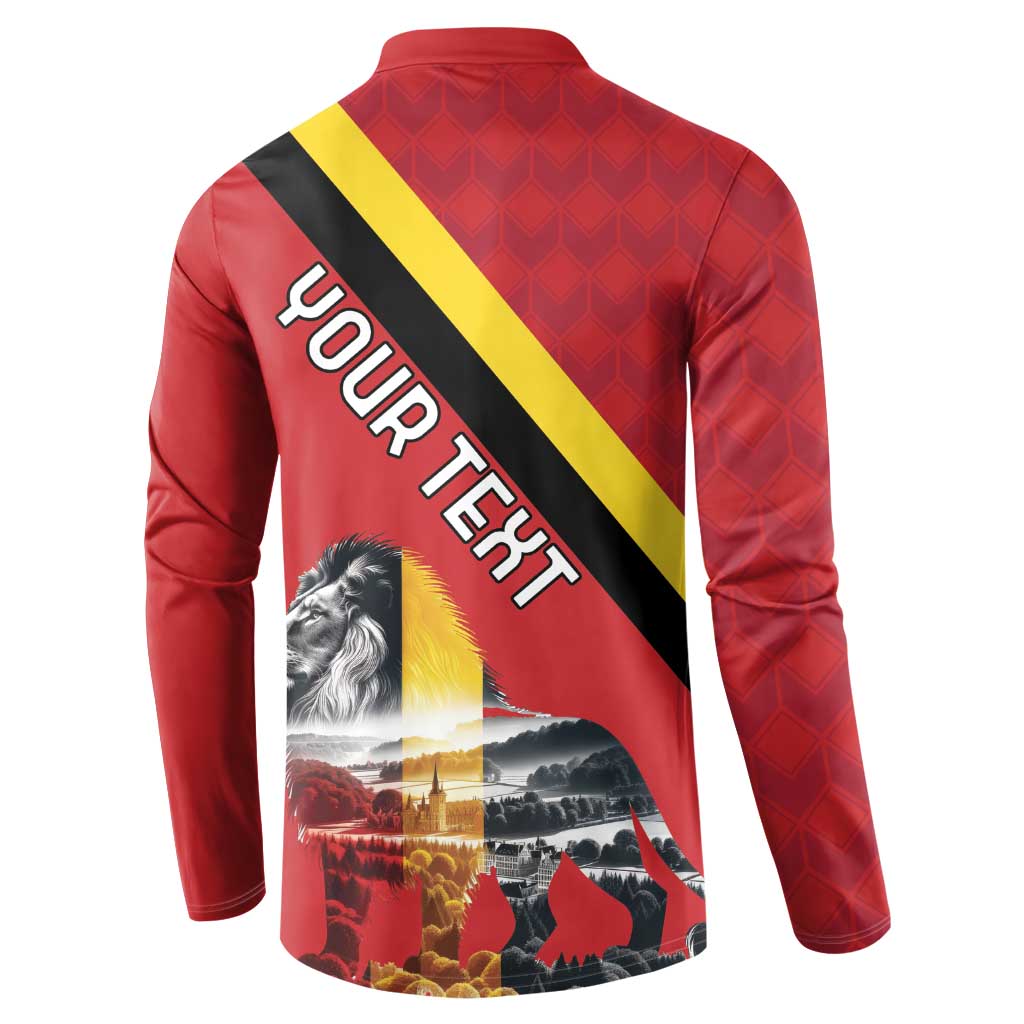 Red long-sleeve button sweatshirt back with OUR TEXT print, lion and scenery graphic