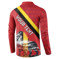 Red long-sleeve button sweatshirt back with OUR TEXT print, lion and scenery graphic