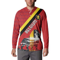 Red long-sleeve button sweatshirt with stand collar and Belgium flag diagonal lion graphic