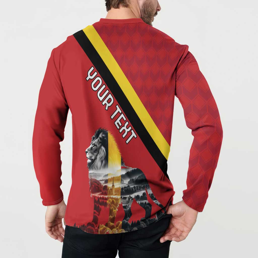 Red long-sleeve button sweatshirt back with large OUR TEXT, lion crest, flag diagonal