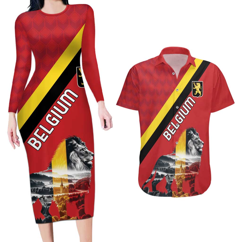 Personalized Belgium Couples Matching Long Sleeve Bodycon Dress and Hawaiian Shirt Lion Rampant With Belgium Flag Colors - Wonder Print Shop