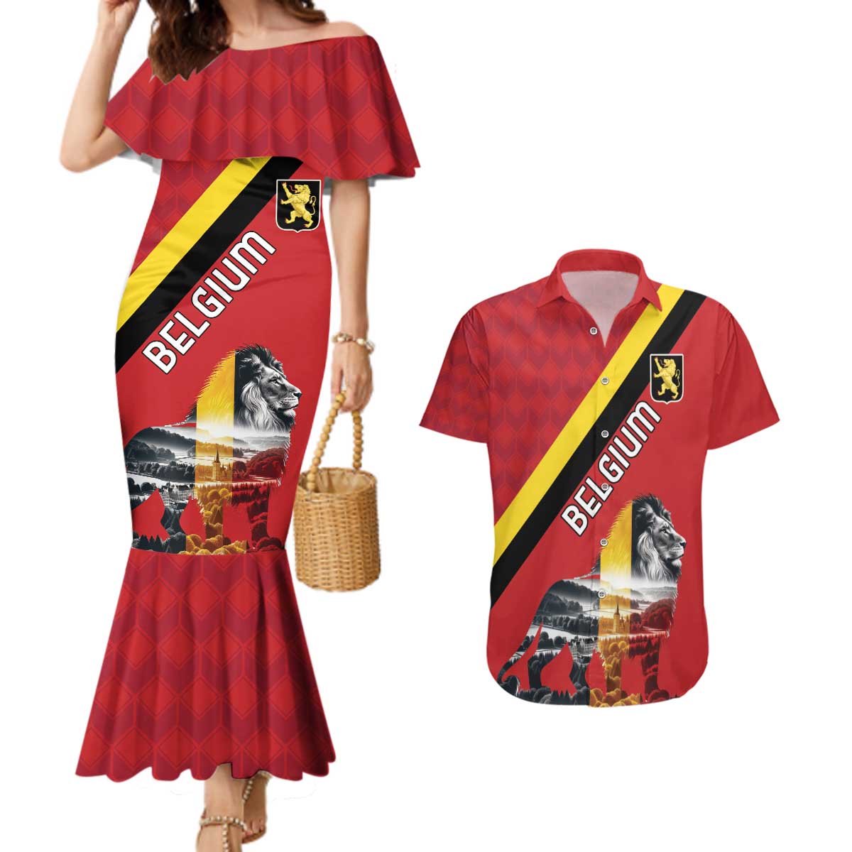 Personalized Belgium Couples Matching Mermaid Dress and Hawaiian Shirt Lion Rampant With Belgium Flag Colors - Wonder Print Shop