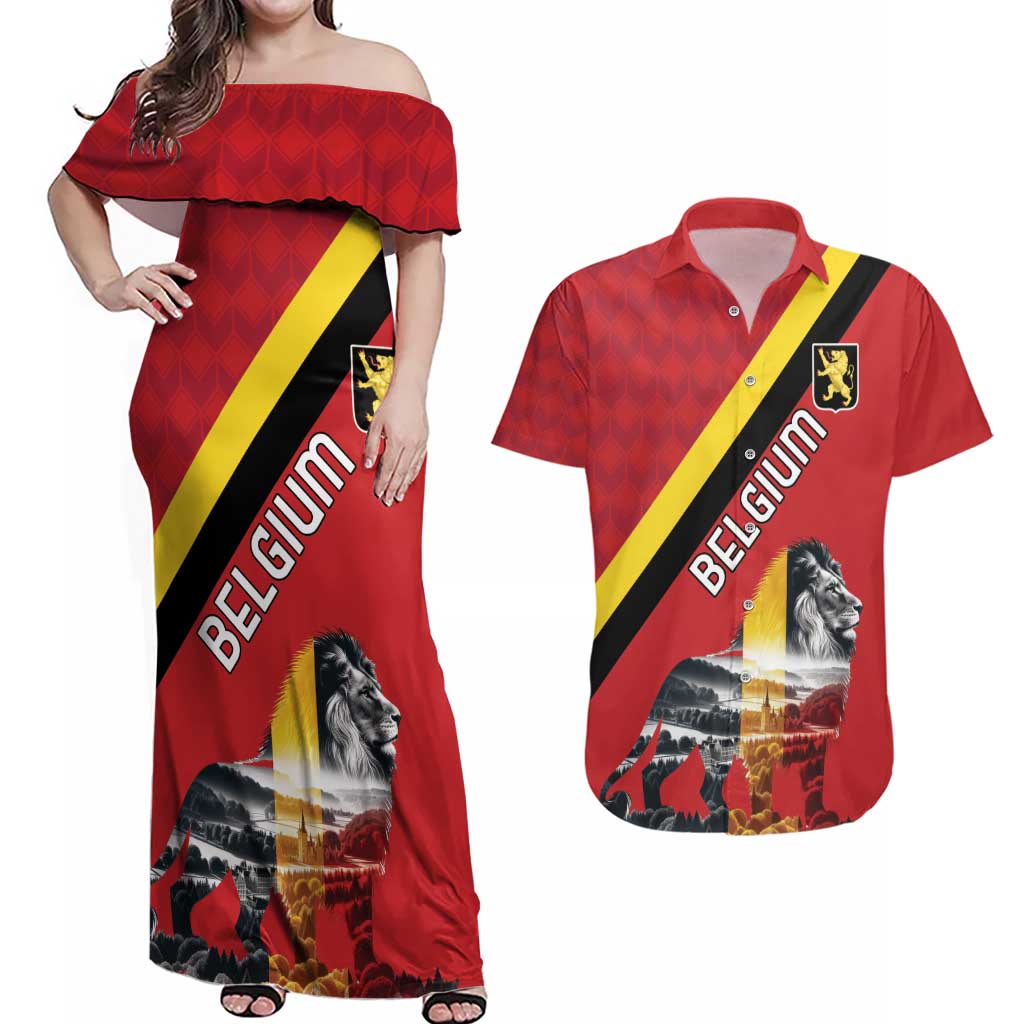 Personalized Belgium Couples Matching Off Shoulder Maxi Dress and Hawaiian Shirt Lion Rampant With Belgium Flag Colors - Wonder Print Shop