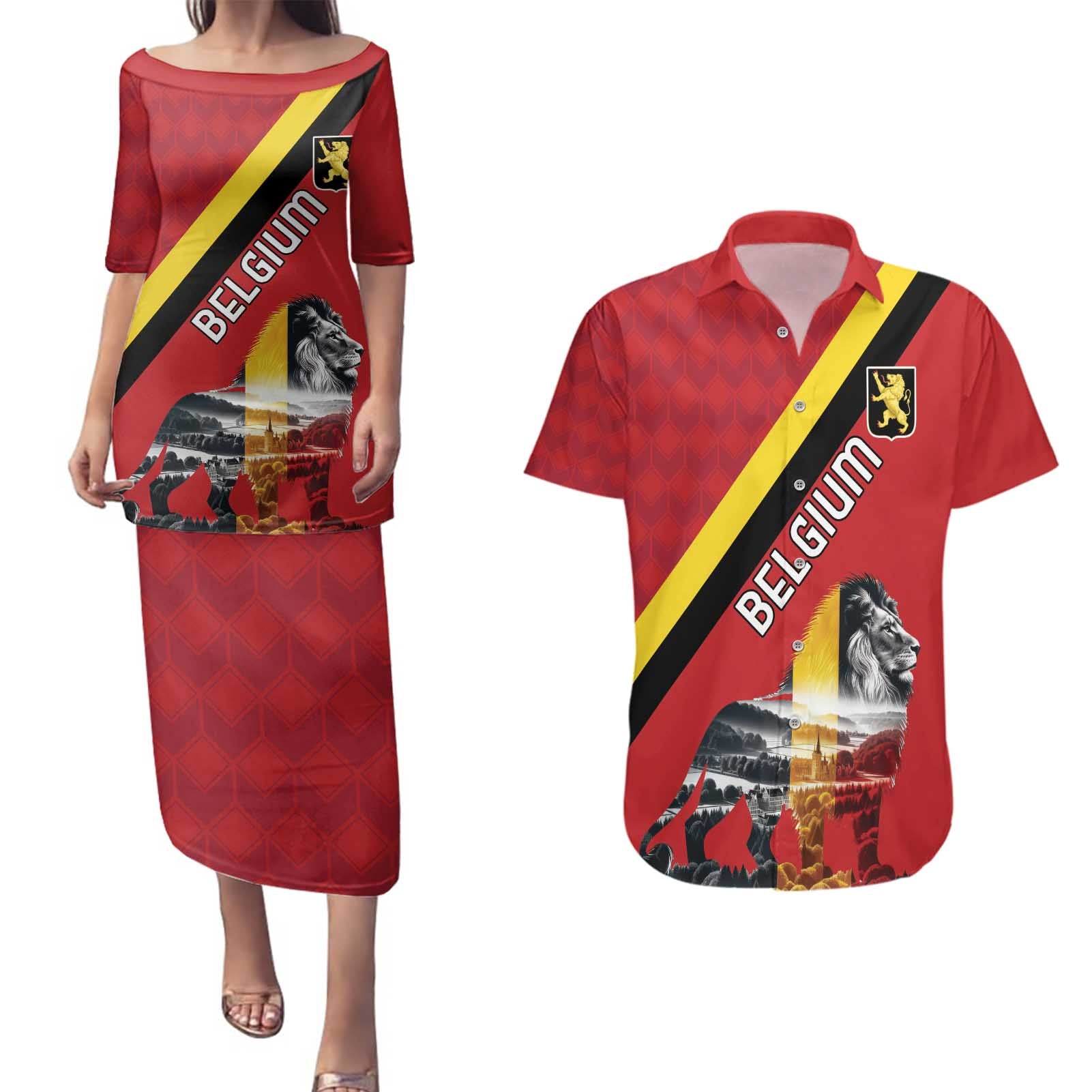 Personalized Belgium Couples Matching Puletasi and Hawaiian Shirt Lion Rampant With Belgium Flag Colors - Wonder Print Shop