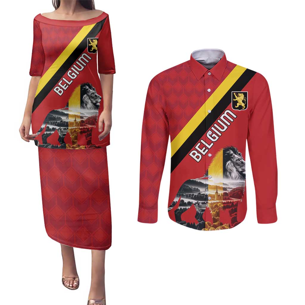 Personalized Belgium Couples Matching Puletasi and Long Sleeve Button Shirt Lion Rampant With Belgium Flag Colors - Wonder Print Shop