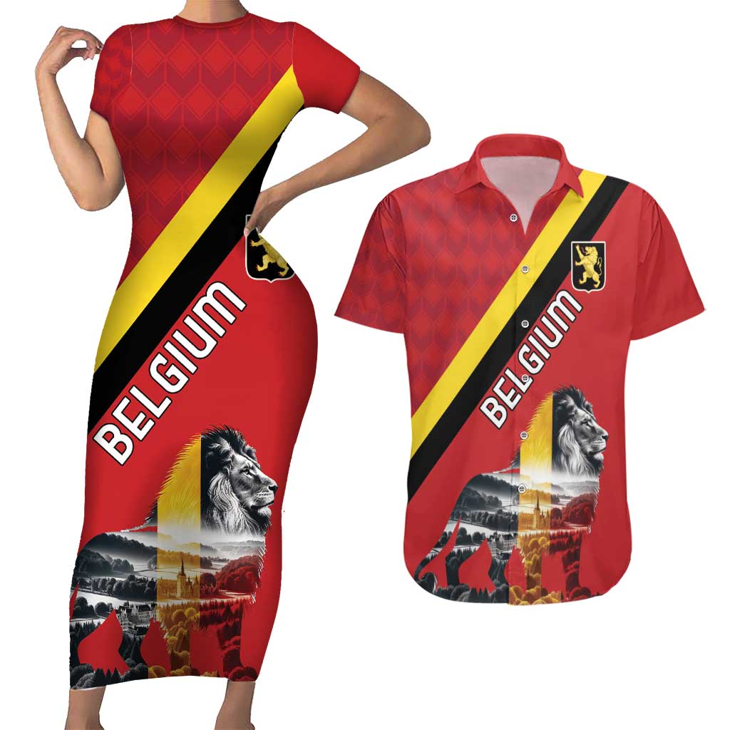 Personalized Belgium Couples Matching Short Sleeve Bodycon Dress and Hawaiian Shirt Lion Rampant With Belgium Flag Colors - Wonder Print Shop