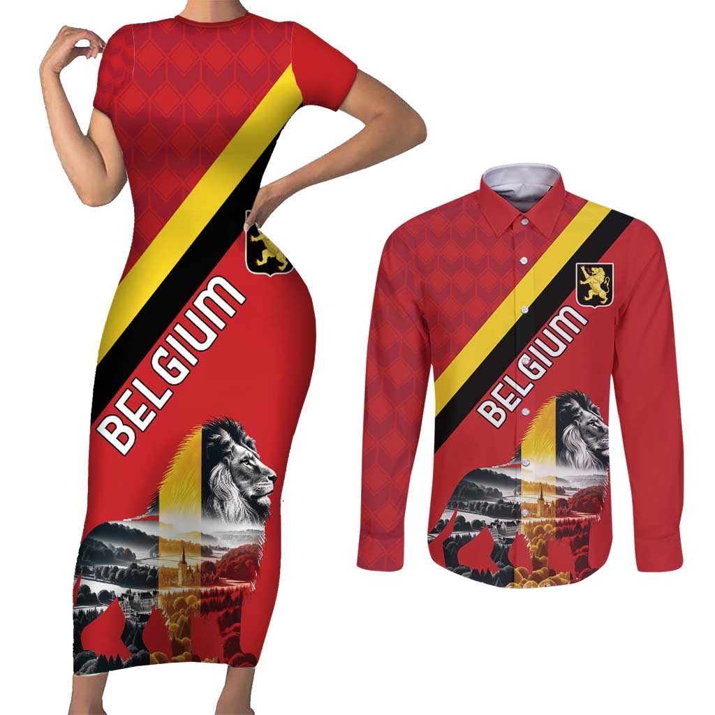 Personalized Belgium Couples Matching Short Sleeve Bodycon Dress and Long Sleeve Button Shirt Lion Rampant With Belgium Flag Colors - Wonder Print Shop