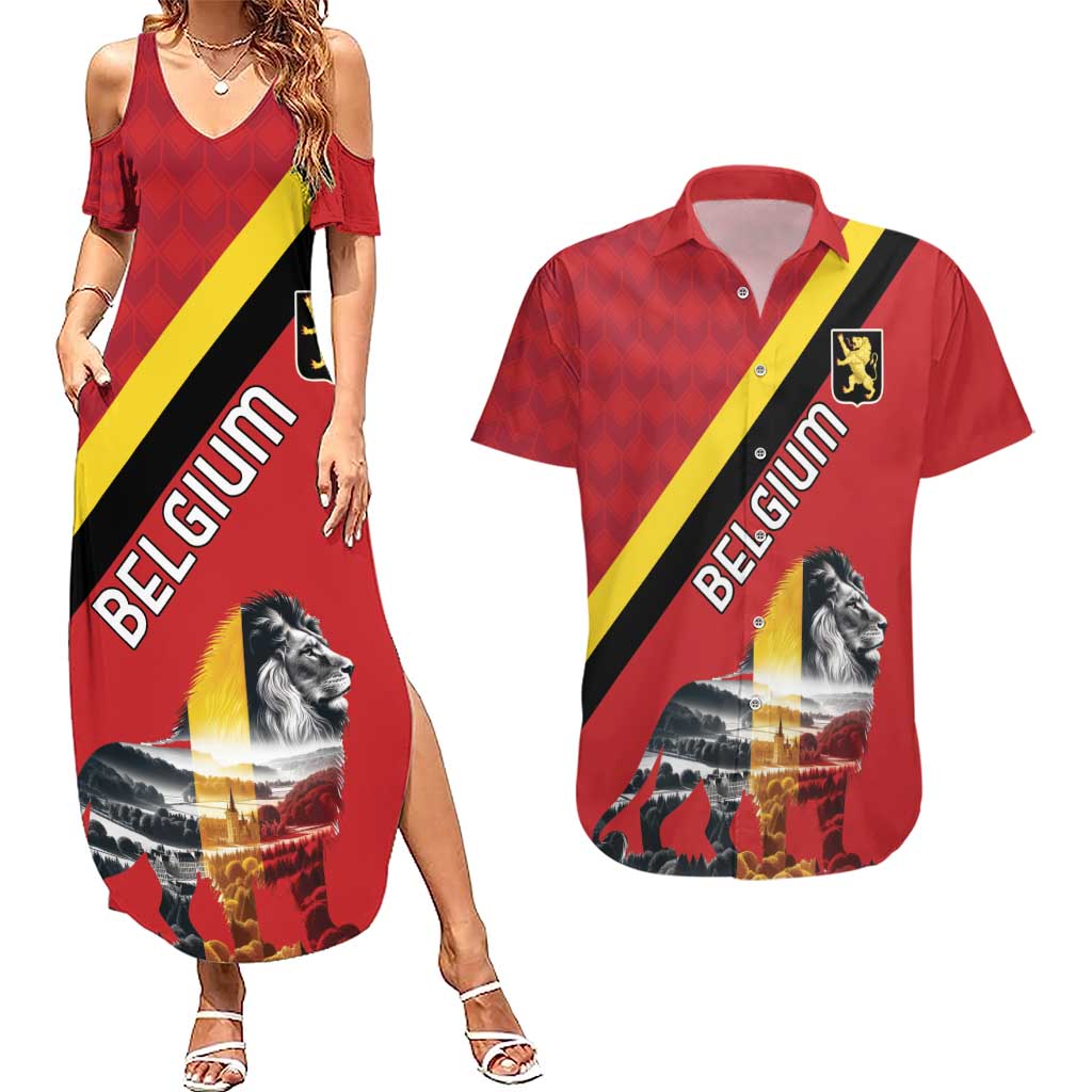 Personalized Belgium Couples Matching Summer Maxi Dress and Hawaiian Shirt Lion Rampant With Belgium Flag Colors - Wonder Print Shop