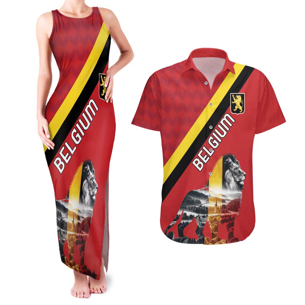 Personalized Belgium Couples Matching Tank Maxi Dress and Hawaiian Shirt Lion Rampant With Belgium Flag Colors - Wonder Print Shop