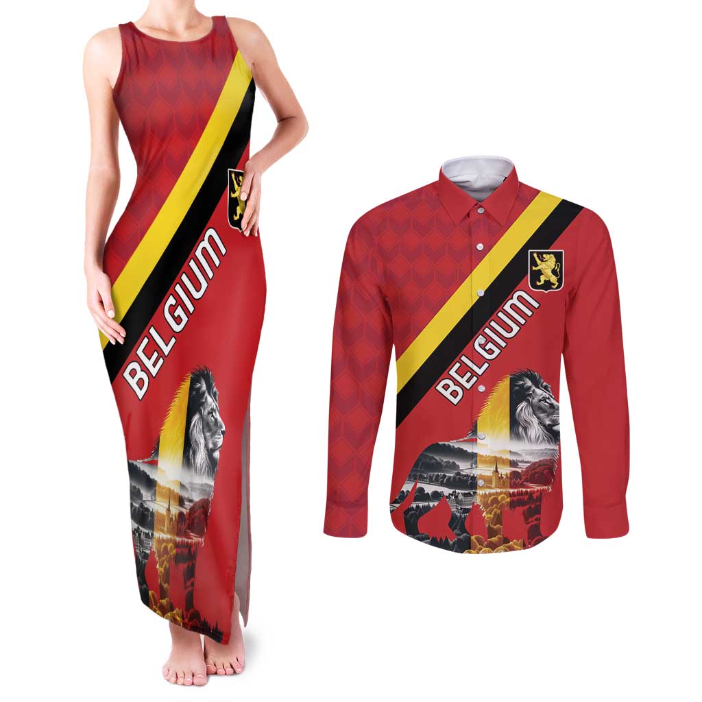 Personalized Belgium Couples Matching Tank Maxi Dress and Long Sleeve Button Shirt Lion Rampant With Belgium Flag Colors - Wonder Print Shop