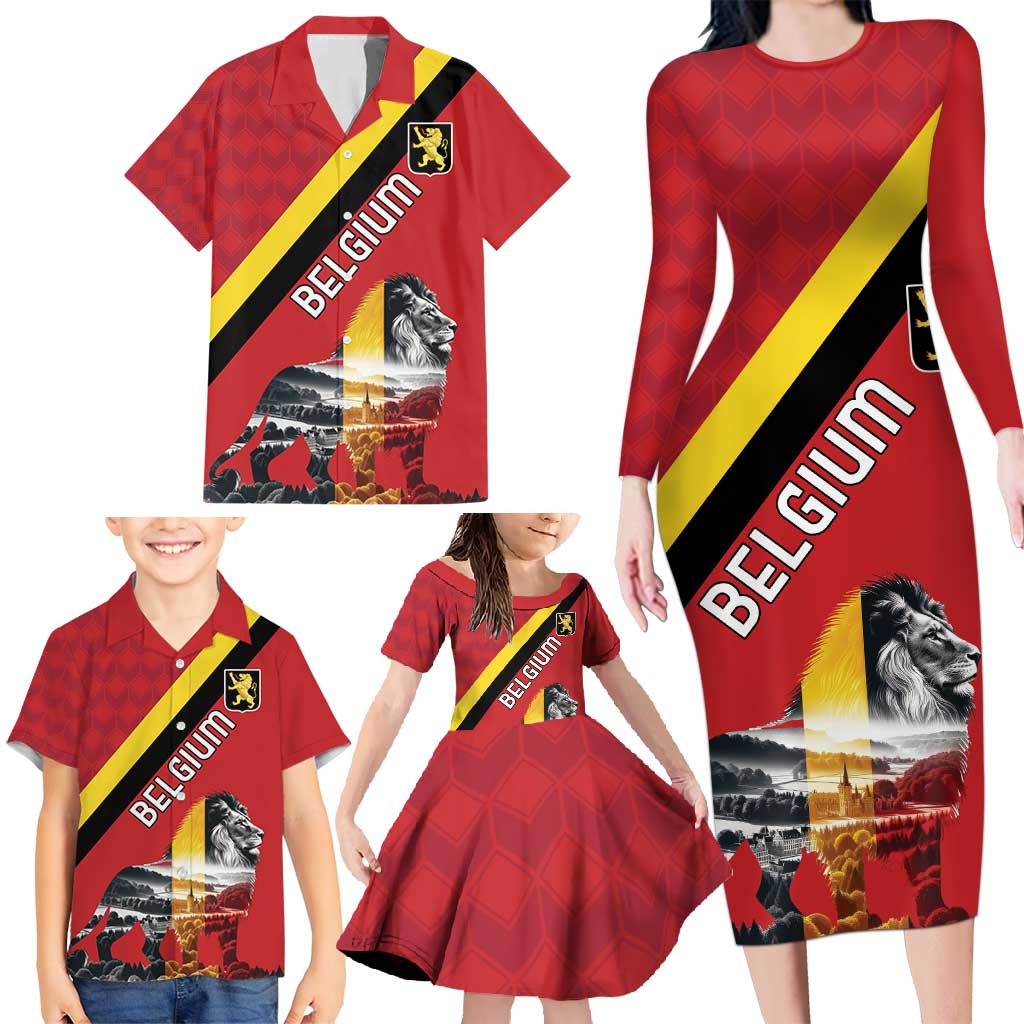 Personalized Belgium Family Matching Long Sleeve Bodycon Dress and Hawaiian Shirt Lion Rampant With Belgium Flag Colors - Wonder Print Shop