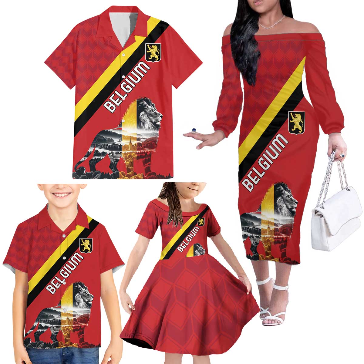 Personalized Belgium Family Matching Off The Shoulder Long Sleeve Dress and Hawaiian Shirt Lion Rampant With Belgium Flag Colors - Wonder Print Shop