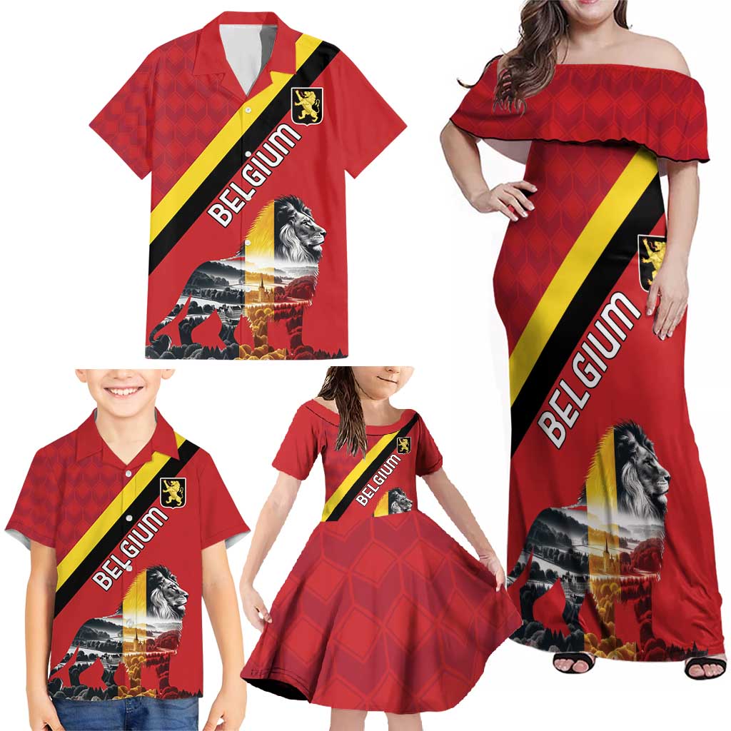 Personalized Belgium Family Matching Off Shoulder Maxi Dress and Hawaiian Shirt Lion Rampant With Belgium Flag Colors - Wonder Print Shop