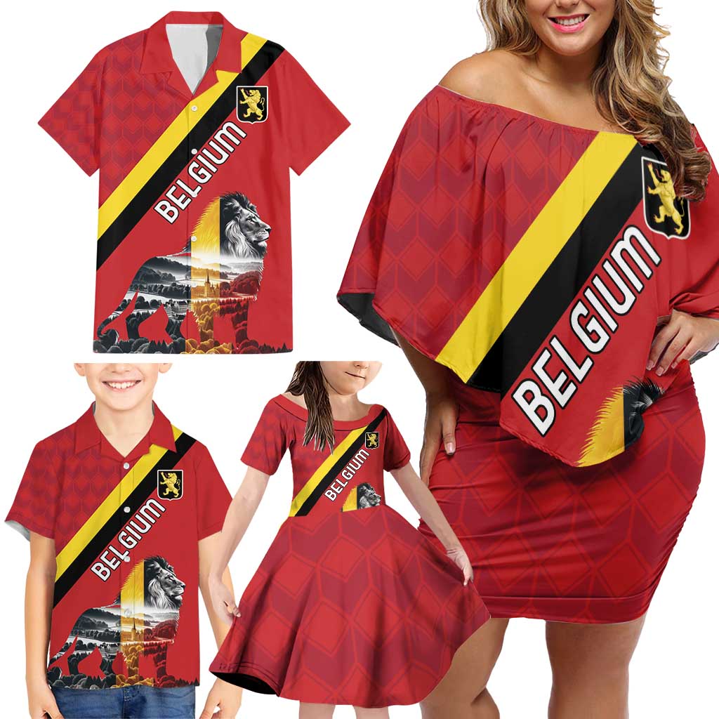 Personalized Belgium Family Matching Off Shoulder Short Dress and Hawaiian Shirt Lion Rampant With Belgium Flag Colors - Wonder Print Shop