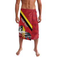Men's red patterned swim shorts with Belgium diagonal flag band and lion graphic
