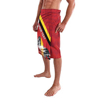 Men's red patterned swim shorts with Belgium diagonal flag stripe and lion print