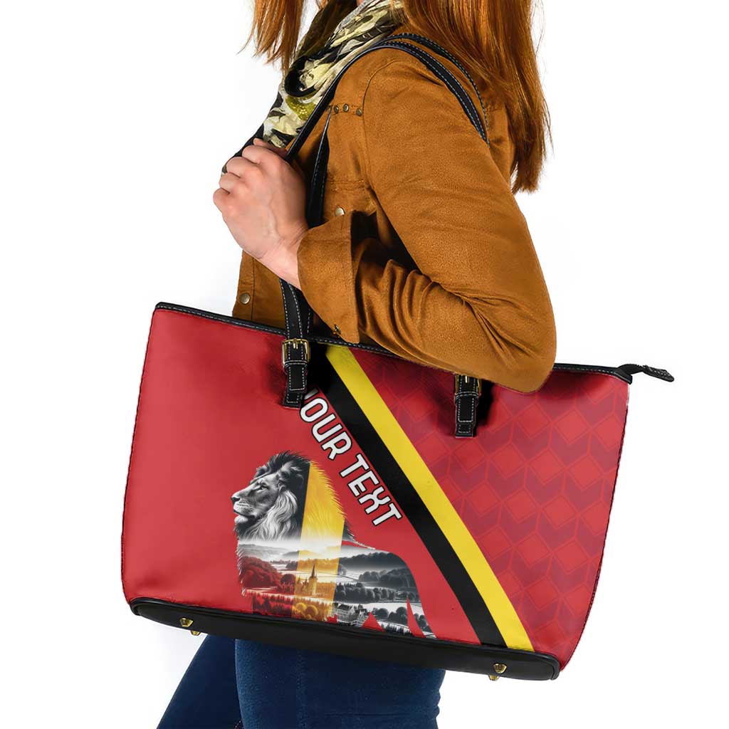 Personalized Belgium Leather Tote Bag Lion Rampant With Belgium Flag Colors - Wonder Print Shop