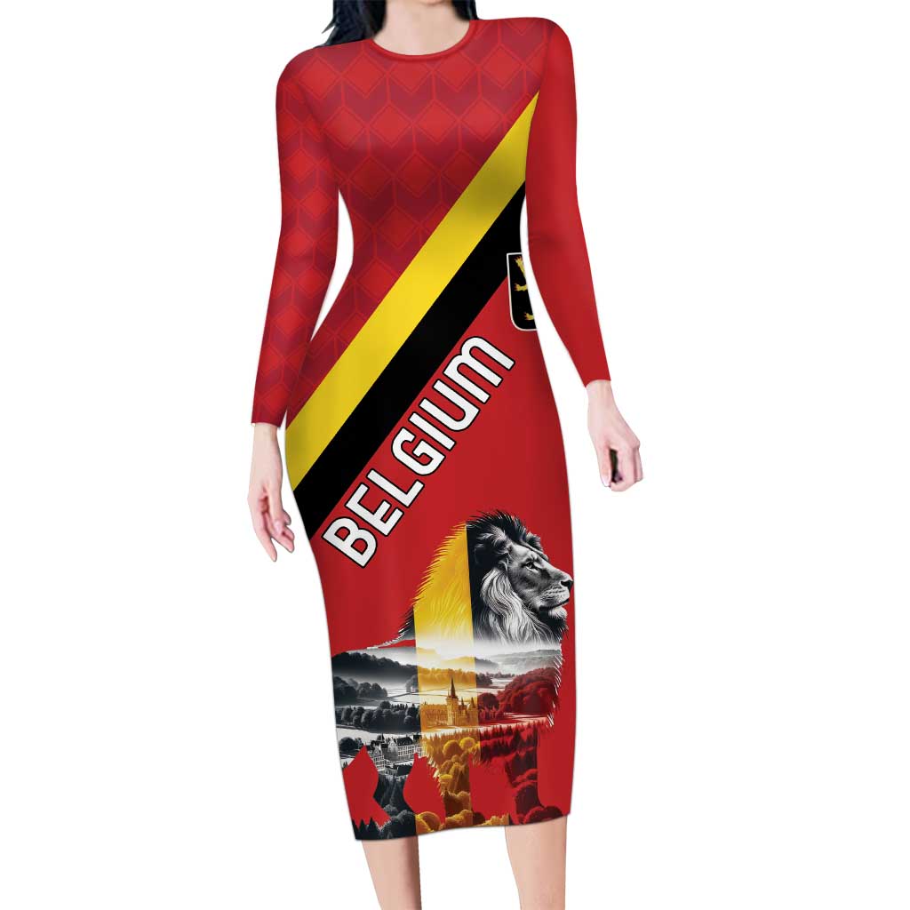 Personalized Belgium Long Sleeve Bodycon Dress Lion Rampant With Belgium Flag Colors - Wonder Print Shop