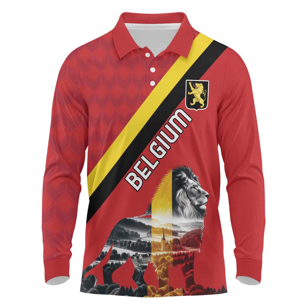 Personalized Belgium Long Sleeve Polo Shirt Lion Rampant With Belgium Flag Colors - Wonder Print Shop