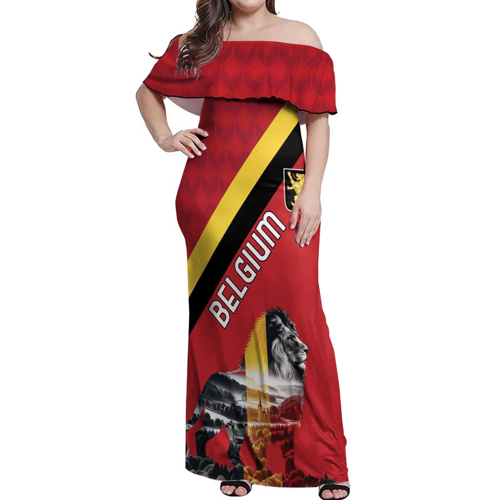 Personalized Belgium Off Shoulder Maxi Dress Lion Rampant With Belgium Flag Colors - Wonder Print Shop