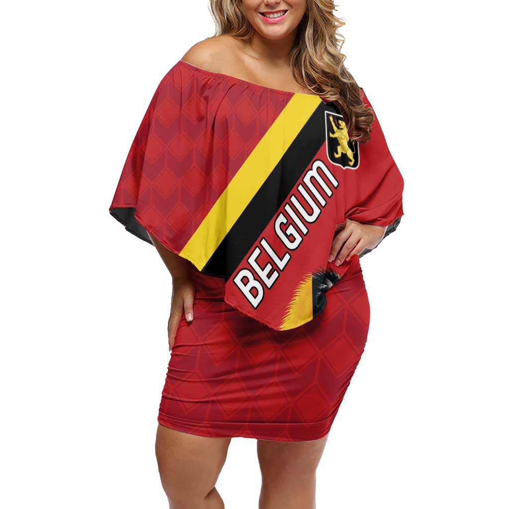 Personalized Belgium Off Shoulder Short Dress Lion Rampant With Belgium Flag Colors - Wonder Print Shop