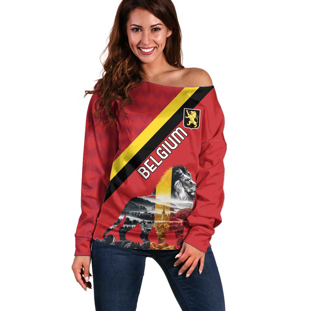 Personalized Belgium Off Shoulder Sweater Lion Rampant With Belgium Flag Colors