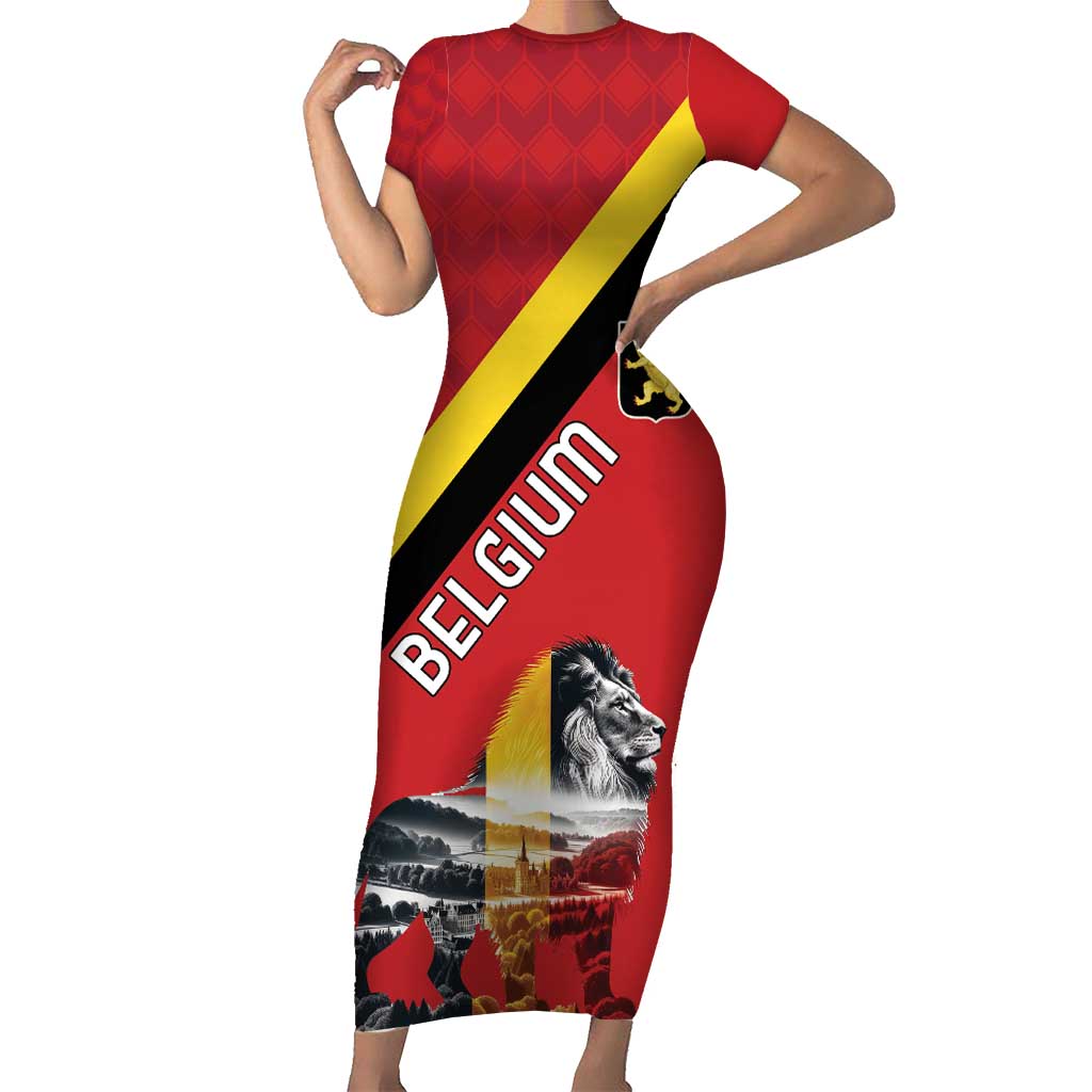 Personalized Belgium Short Sleeve Bodycon Dress Lion Rampant With Belgium Flag Colors - Wonder Print Shop