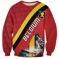 Red unisex sweatshirt with diagonal Belgium flag stripe and lion graphic