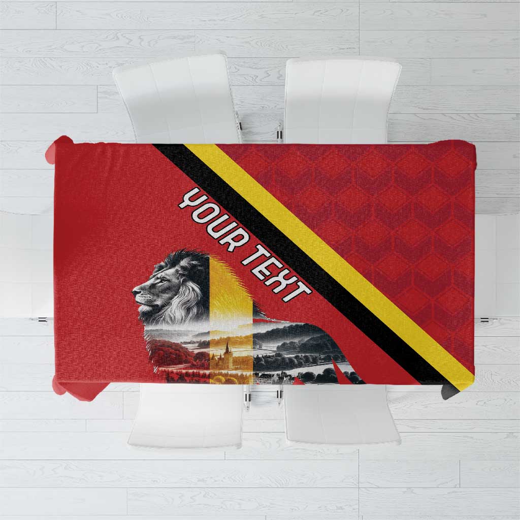 Red Belgium tablecloth with black-yellow diagonal stripe and lion rampant graphic, folded close-up