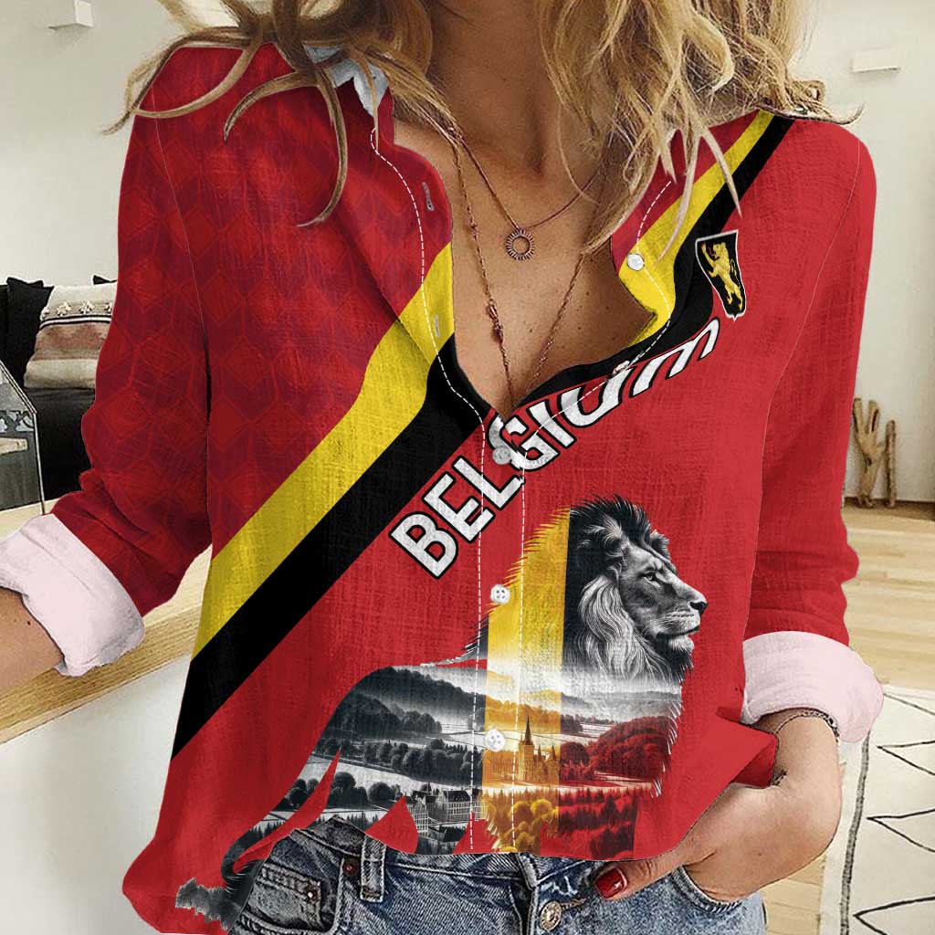 Personalized Belgium Women Casual Shirt Lion Rampant With Belgium Flag Colors