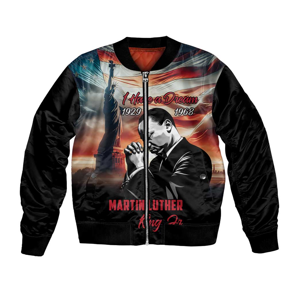 Black unisex bomber jacket with front zip and Martin Luther King graphic print