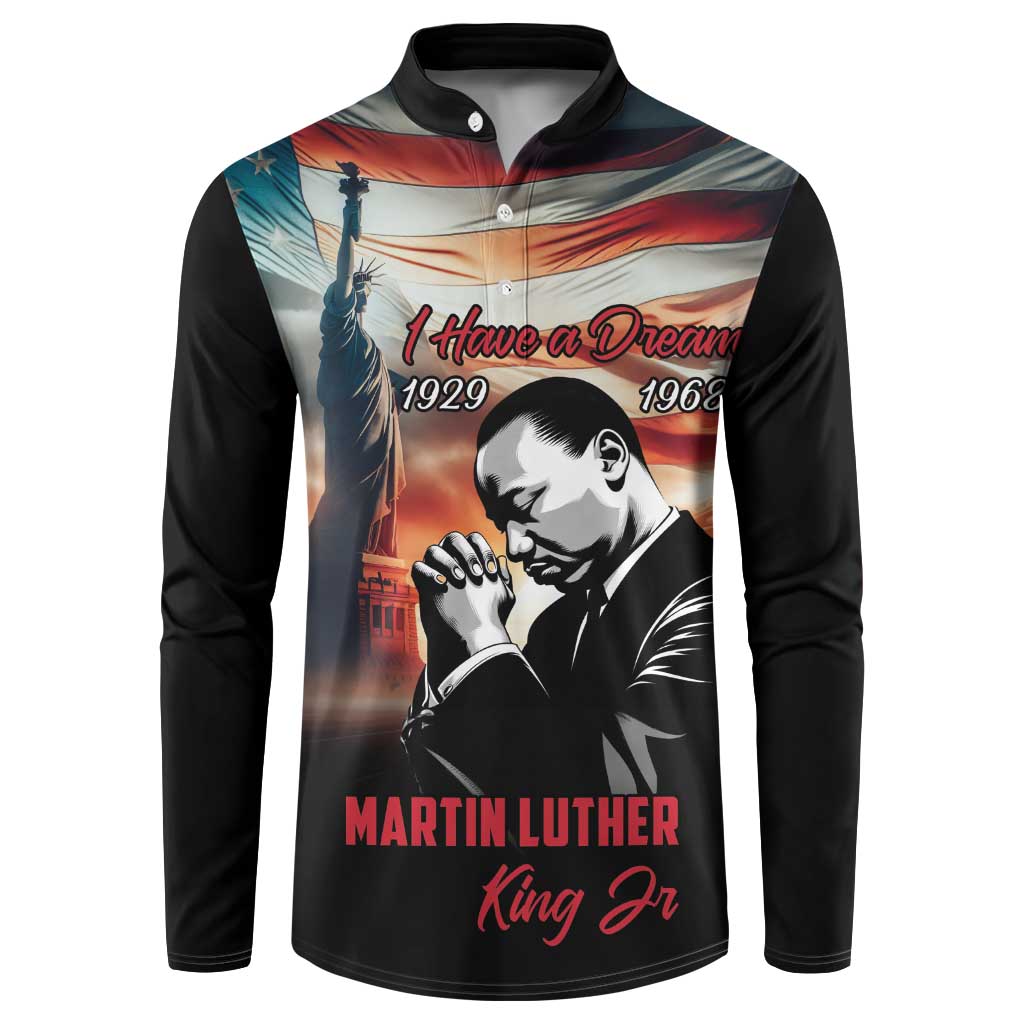 Black button sweatshirt with Martin Luther King Jr portrait and I Have a Dream text