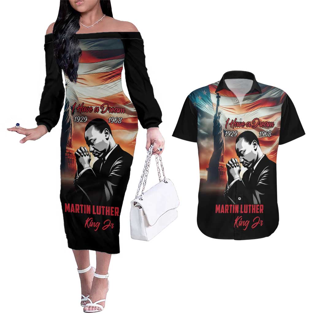 I Have a Dream MLK Day Couples Matching Off The Shoulder Long Sleeve Dress and Hawaiian Shirt The Time Is Always Right To Do What Is Right - Wonder Print Shop